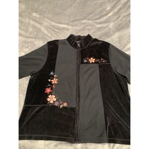 Erika Jacket Womens 2XL‎ Black Floral Embroidered Zip Up Velvet Knit Plus Size